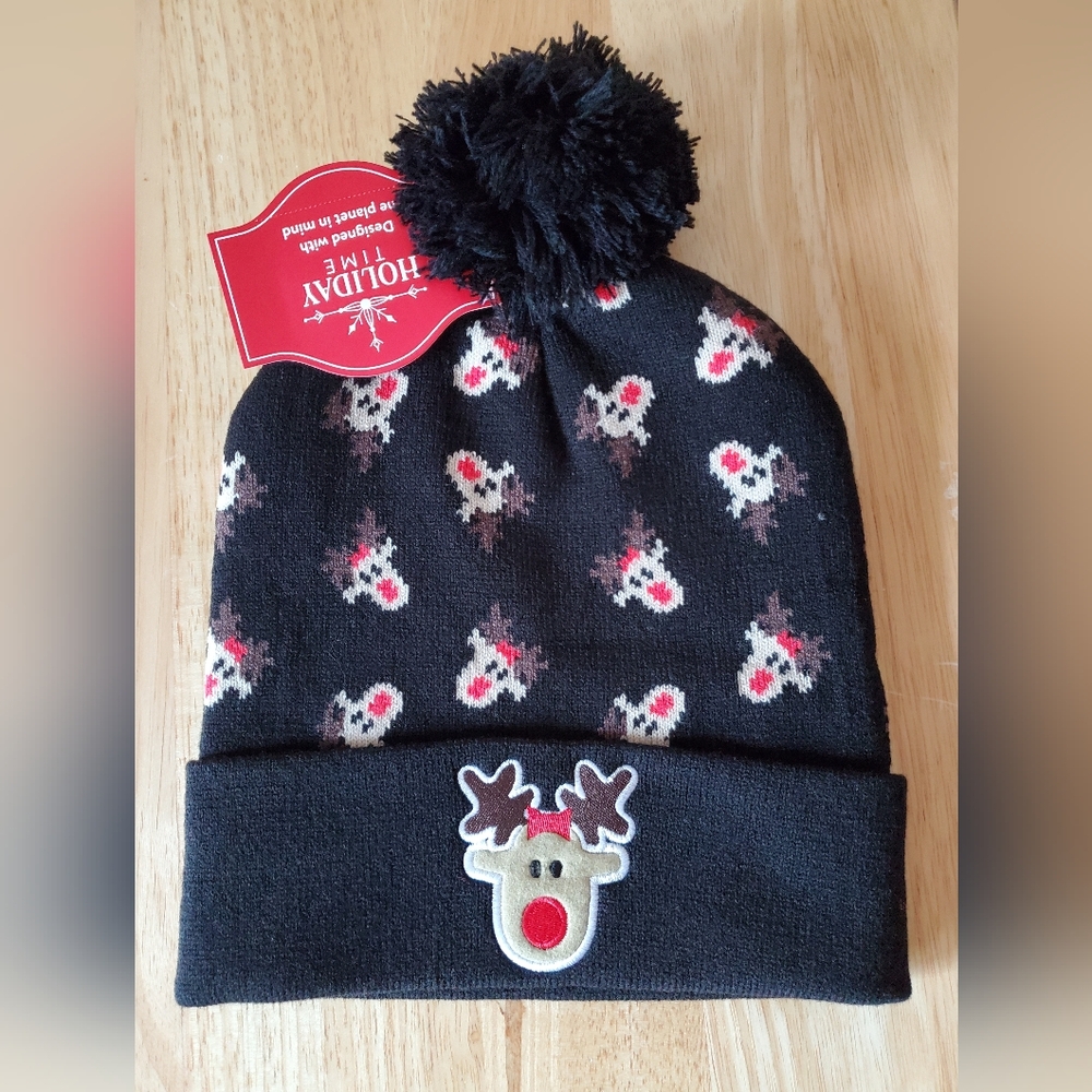 Holiday Time Unisex Black Rudolph Hat/Beanie New